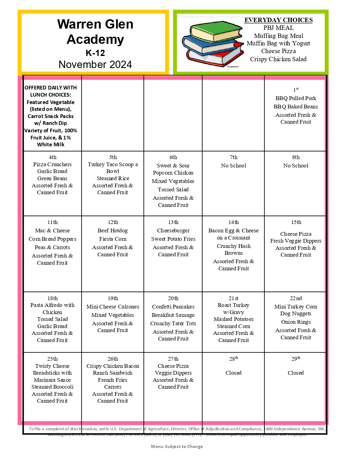 Warren Glen Academy Lunch November 2024 k-12