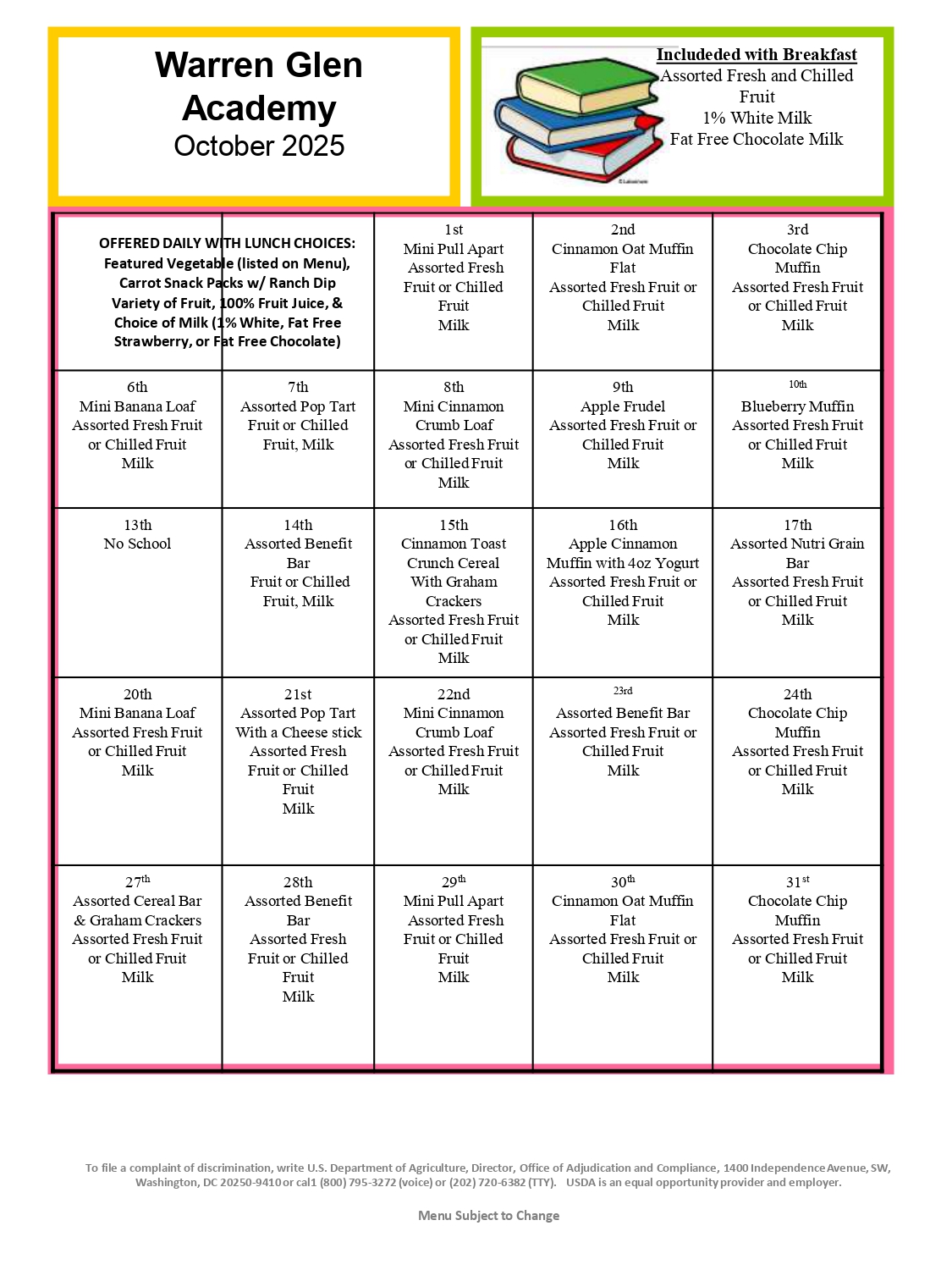 Warren Glen Breakfast Menu October 2025